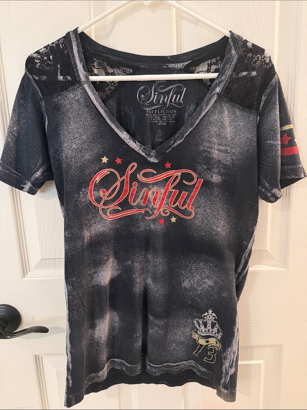 Sinful Black Wash V-Neck Tee with Red Script and Gold Accents